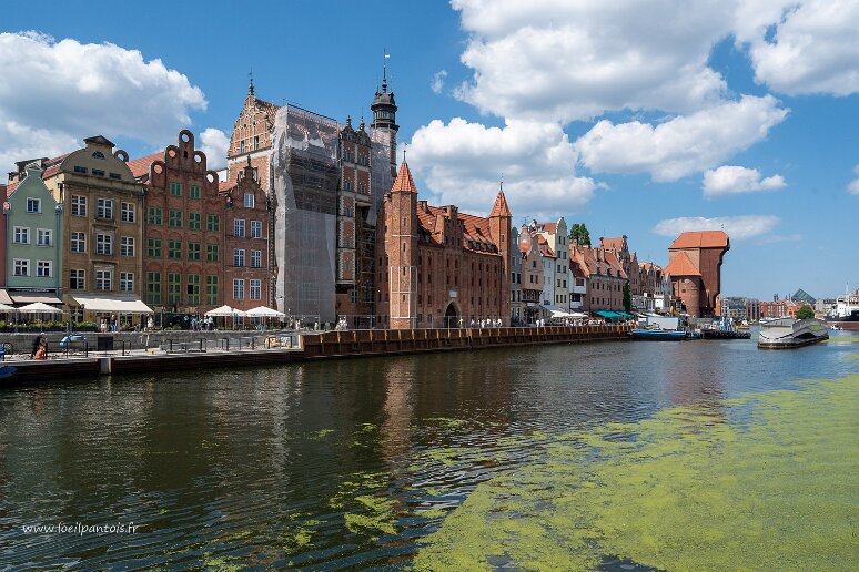 DSC_3375 Vue sur le long quai (Długie Pobrzeże) le long de la Motlawa, vue sur le musée archéologique avec sa grande tour, la porte St Marie et plus loin la grue...