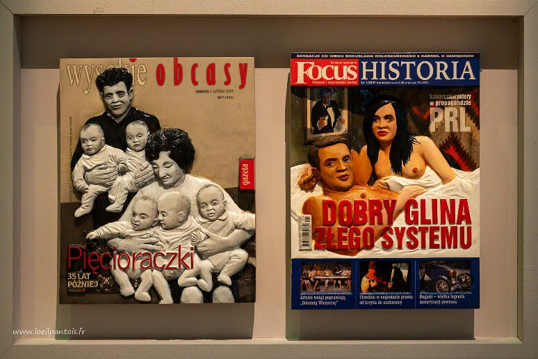 DSC_0774 Katowice, musée de la Silésie, oeuvre de Couverture de Wojciech Zasadni (1971- ): A droite: Historia Pologne de 2007 avec les personnages noirs de la propagande...