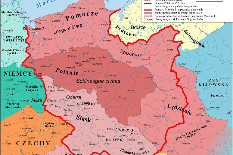 carte 1 pologne _960_-_992 de_ Carte du duché de Pologne de Miezko 1er (960-992). La ligne rouge marque les frontières de la Pologne en 992. La Ledzianie, mentionnée au sud de Lublin...
