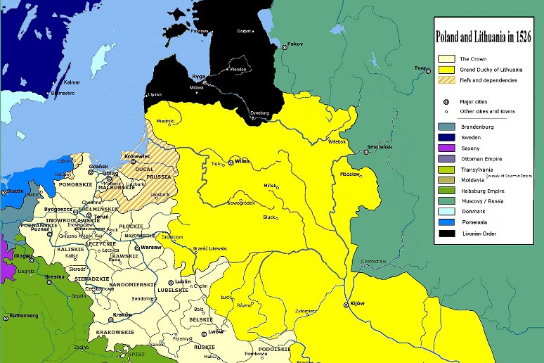 carte 2_ Pologne et Lituanie en 1526. Comme on peut le voir, ce royaume comprend l'essentiel de l'Ukraine et de la Bielorussie.