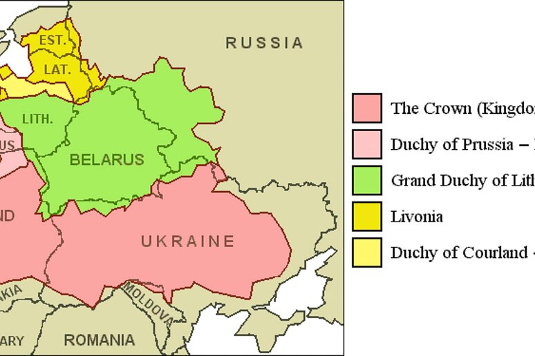 carte 4 Superposition de la carte actuelle de la région avec la République des deux nations en 1619 (ensemble des zones colorées qui représentent 990 000km2)