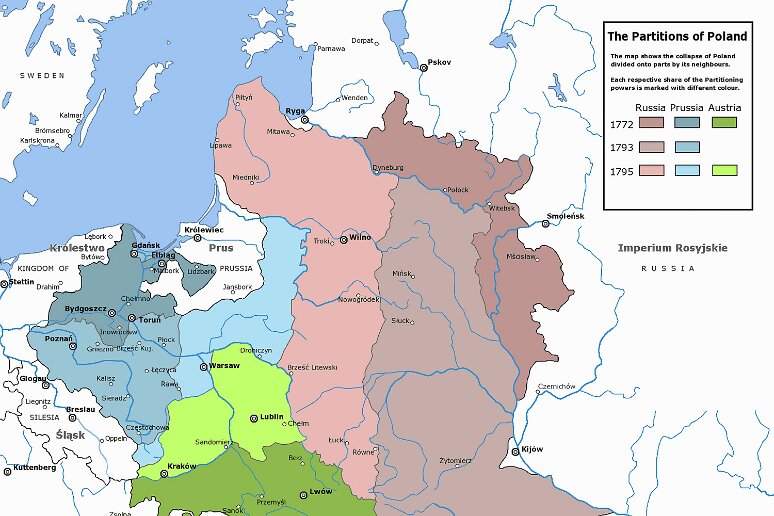 carte 5 pologne des 3 partitions Rzeczpospolita_Rozbiory_3 Les 3 partages de la Pologne en 1772 ,1793 et 1795 entre les empires russes, autrichiens et prussiens qui aboutissent à la disparition totale de la Pologne