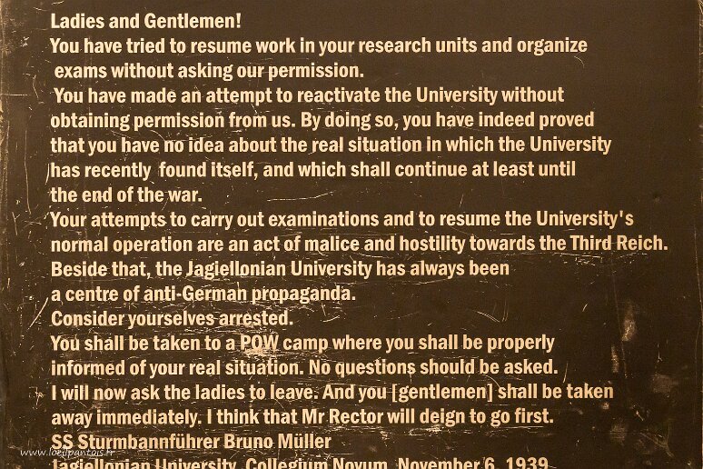 DSC_1362 Usine Emalia d'Oskar Schindler, Déclaration de fermeture et d'arrestation des enseignants de l'université Jagellon par les autorités allemandes