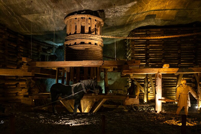 DSC_1392 Mine de sel de Wieliczka, treuils mus par des chevaux. Il y avait une écurie dans la mine.