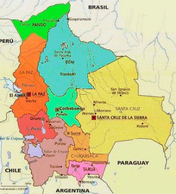 Carte des départements de Bolivie La Bolivie comporte 9 départements (ici les régions sont des parties des départements contrairement à nous). (carte provenant de Cartes du Monde)
