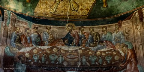 20220510__00087-25 Monastère d'Ubisa, église du IXe s, fresques byzantines du XIVe s, la cène, l'une des oeuvres majeures de l'église.