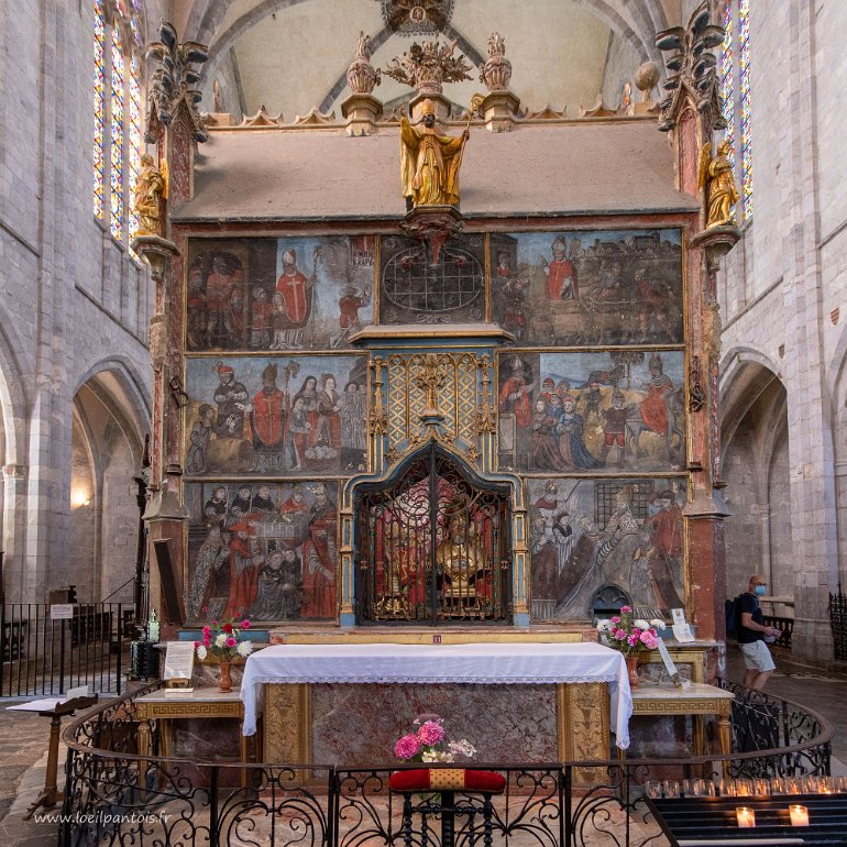 20200727__00267-32 Cathédrale Notre Dame : peintures sur pierre du XVIIe s du tombeau de St Bertrand (Bertrand de Comminges, 1050-1123, évêque et patron du lieu).Les différents...